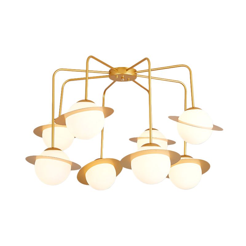 Lámpara de araña radial de metal contemporánea 8 luces de oro/cromo led colgante lámpara de techo accesorio con tono de globo de vidrio blanco