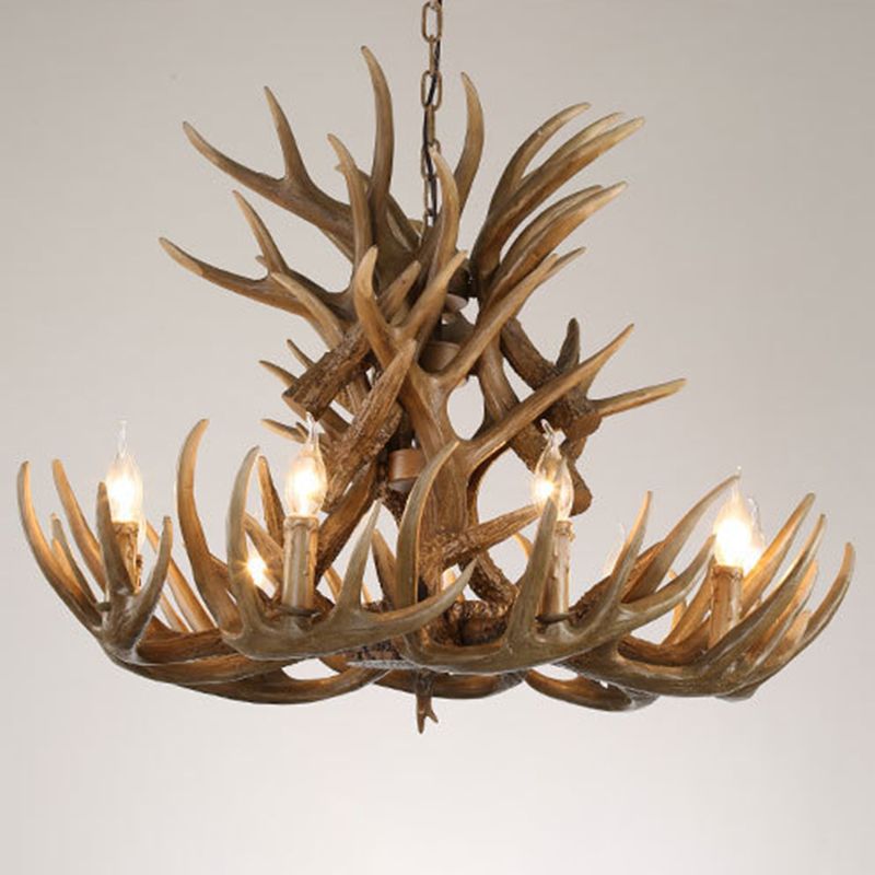 Brown Deer Horn Ceiling Lighting Traditional Resin Living Room Chandelier Light Fixture