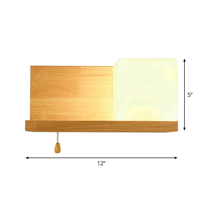 Simple Cubic Wall Sconce Light Opaque Glass 1 Bulb Living Room Wall Lamp with Oblong Wood Backplate in Beige