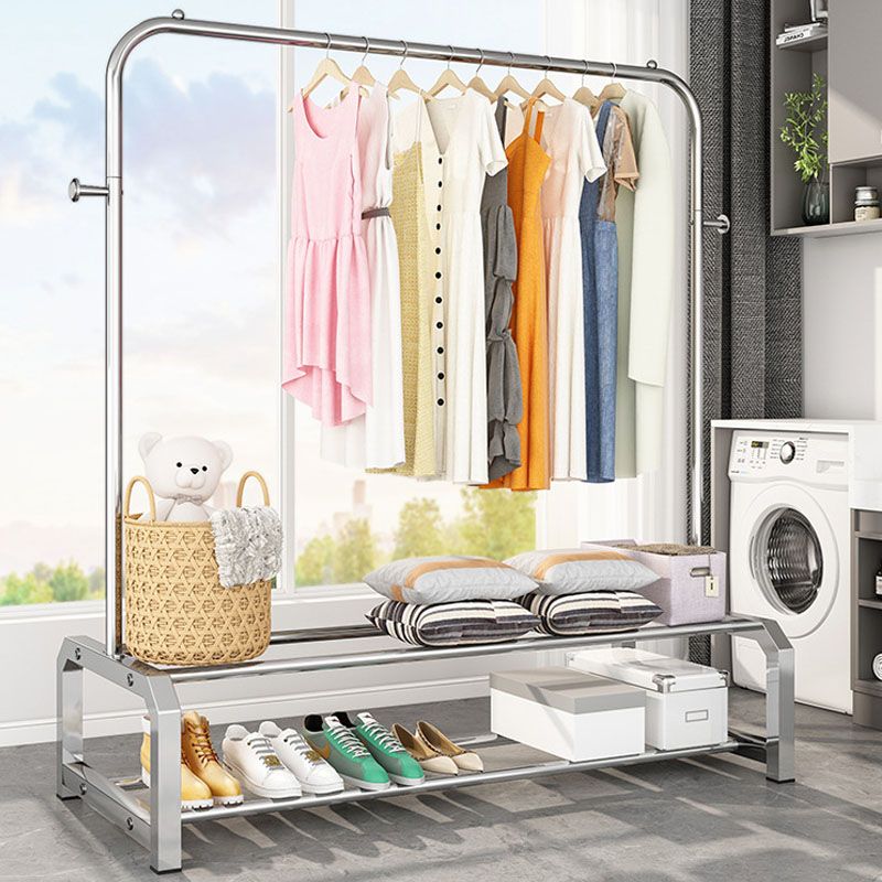 Industrial Stainless Steel Hall Tree Hanging Rails Lower Shelf and 2 Hooks Coat Hanger