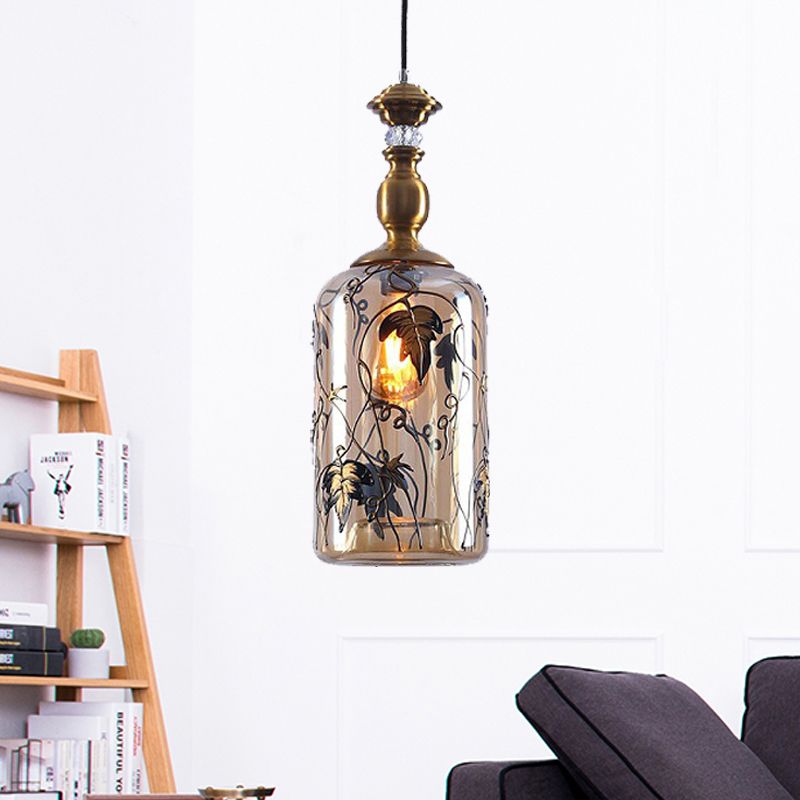 Jar Living Room Hanging Lamp Amber Glass 1 Head Colonial Pendant Lighting Fixture