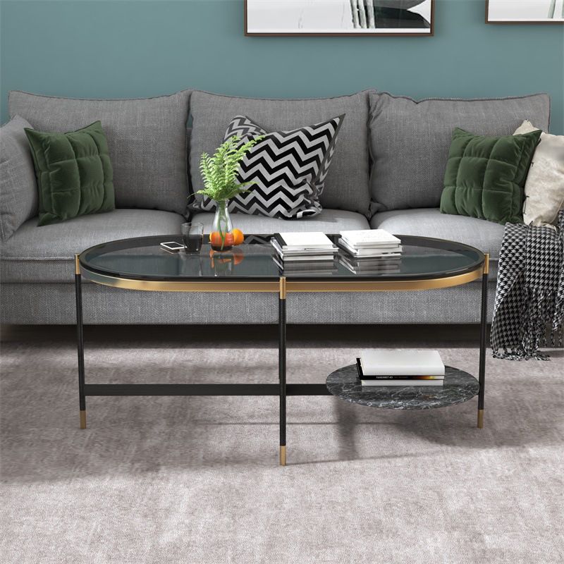 17.7" Tall Modern Metal Cross Leg Base Glass Oval Coffee Table with Shelf