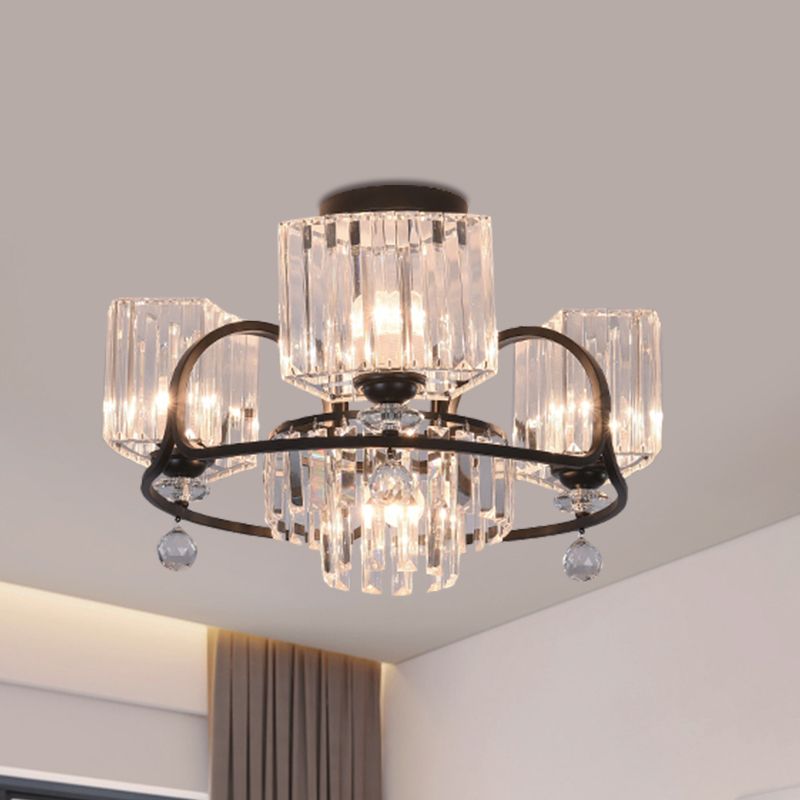 Éclairage trapézoïde cristallin Aménagement contemporain 4/8 Bulbes Dinning Room Semi Flush With Black Frame