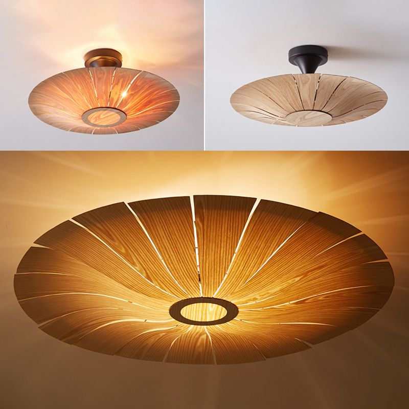 Simple Flush Mount Light Fixture Modern Ceiling Lamp with Wooden Shade for Sitting Room