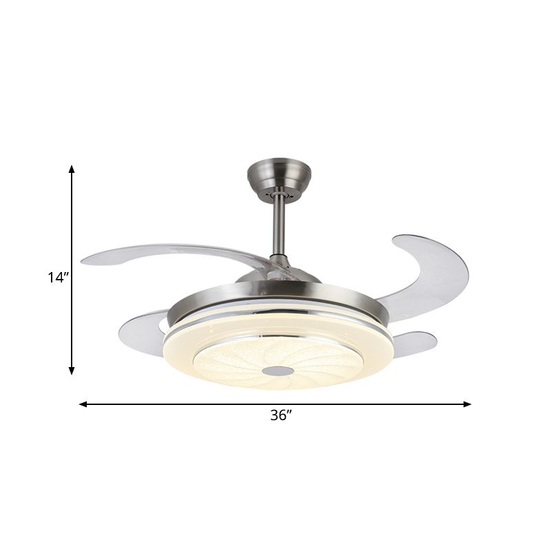 36 "W Hedendaagse cirkelvormige ventilatorlamp LED METAL SEMI MOST VERLICHTING In zilver met 4 bladen voor slaapkamer, afstandsbediening/muurregeling/afstandsbediening en muurregeling