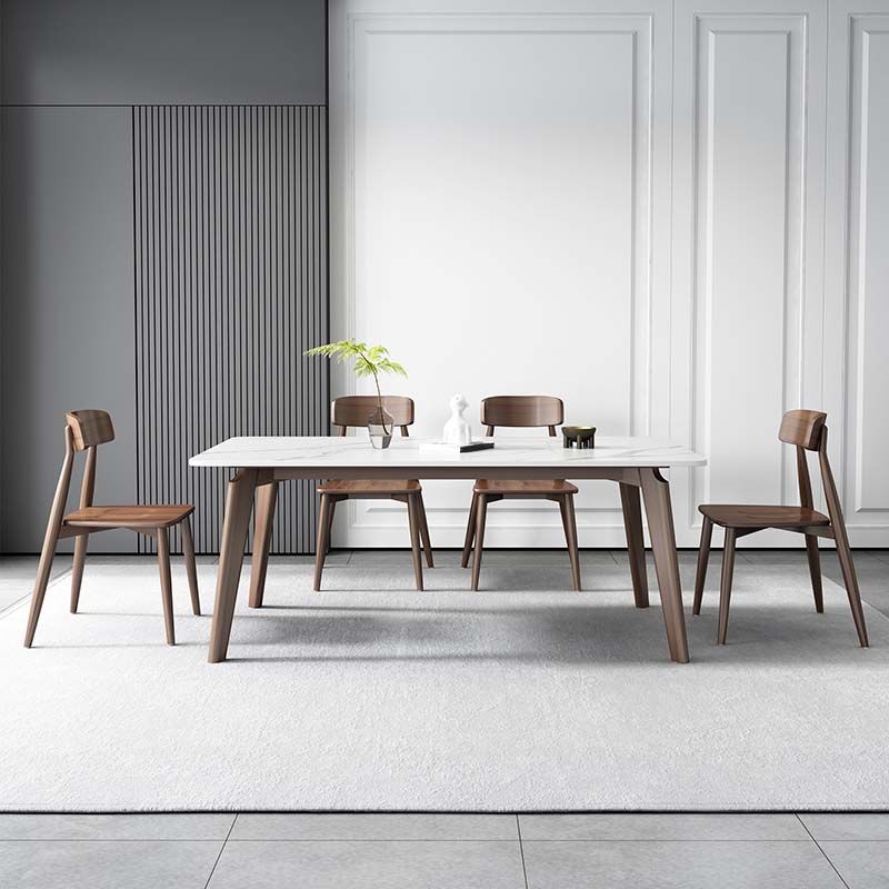 Stone Top Table with Ash Wood Frame Mid-Century Rectangle Dining Table
