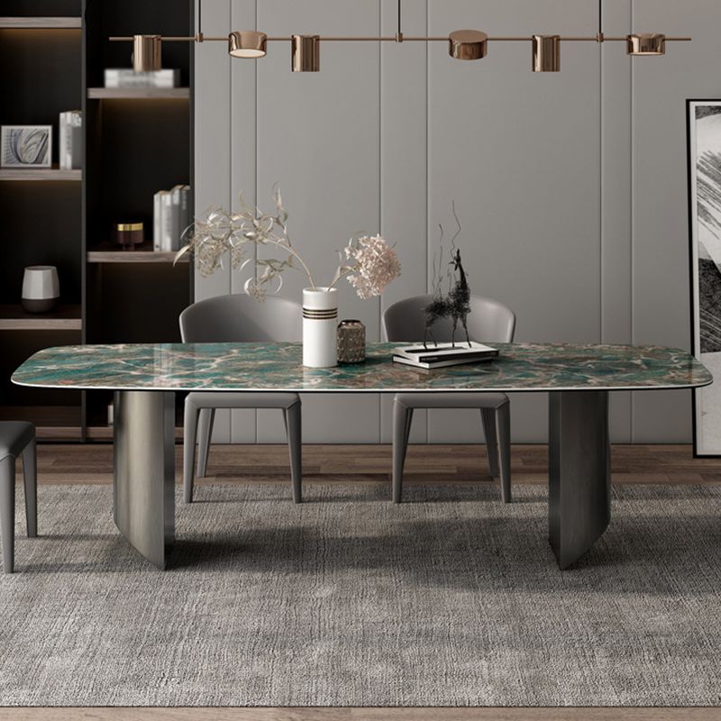 Sintered Stone Modern Rectangle Dining Table Green Stone Top Table with Metal Double Pedestal
