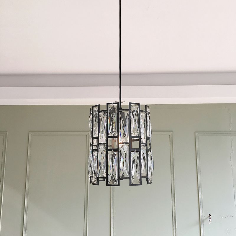 Modern Shaded Hanging Lamp Crystal Rectangles Dining Room Pendant Light in Black