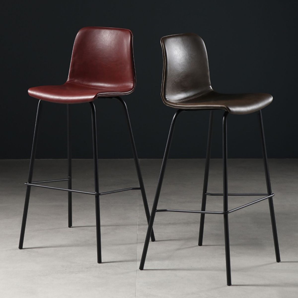 Glossy Leather Square Bar Stool Industrial Metal Stools with Back Legs