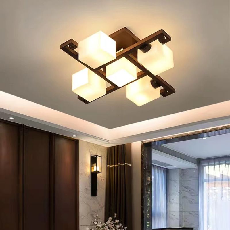Modern Style Ball Shape Flush Mount Wood Ceiling Light in Brown for Living Room