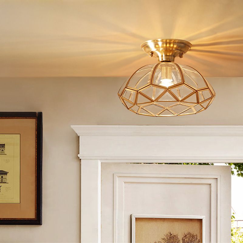 Colonical Artistic Dome Ceiling Light Copper Indoor Ceiling Fixture with Pure Glass Shade