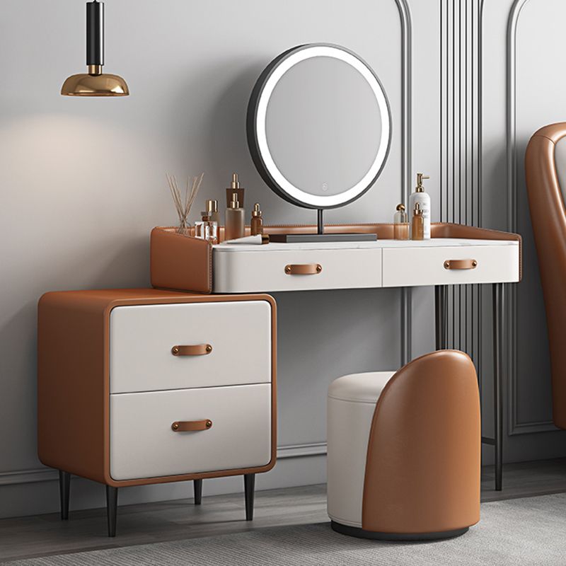 Stone Top Make-up Vanity Orange Solid Wood Vanity Dressing Table Set with Drawers