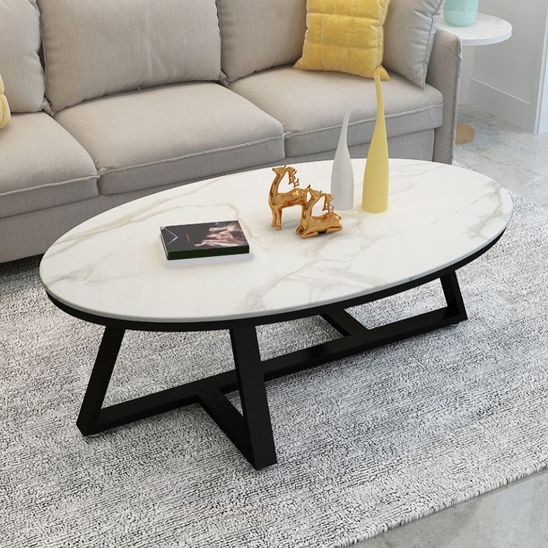 Cross Legs Coffee Table with Stone Oval Top and Iron Base Cocktail Table