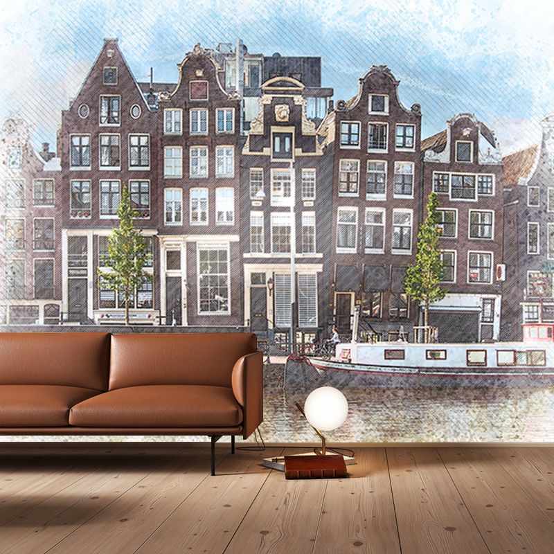 City Illustration Wall Mural Decal for Meeting Room, Moisture Resistant