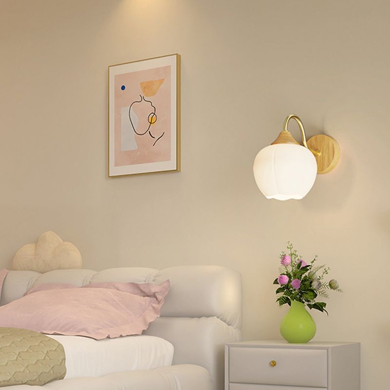 Modern Wall Mount Lamp 1-Light Wooden with Glass Shade for Living Room