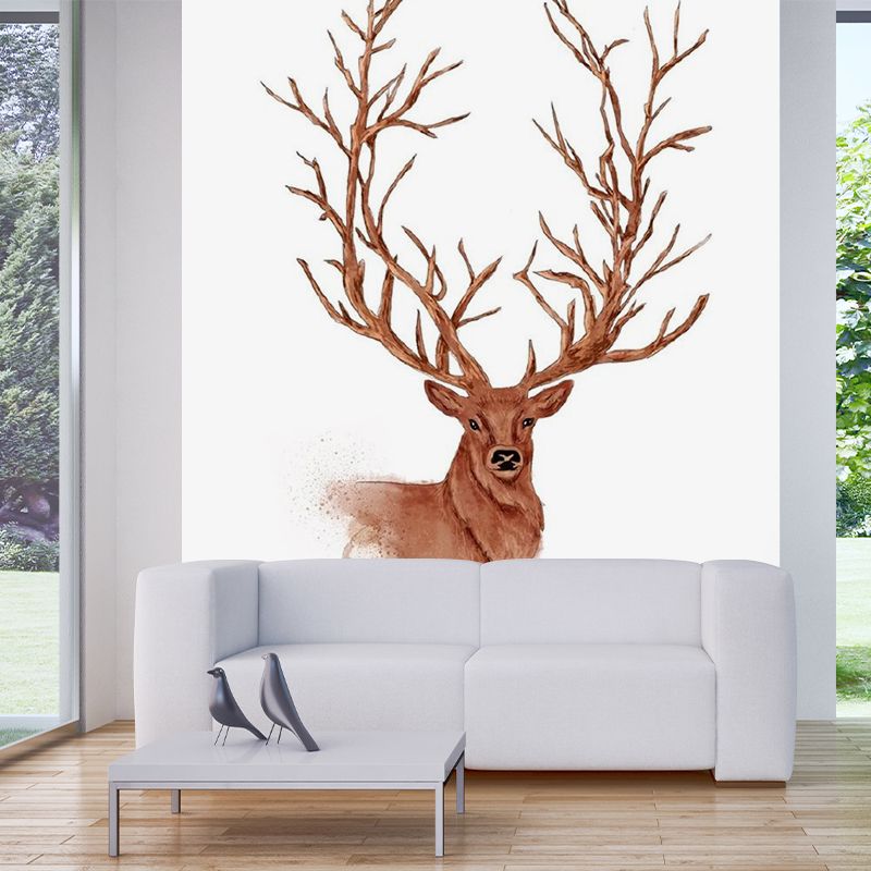 Non-Woven Waterproof Mural Nordic Style Deer Patterned Wall Covering in Brown for Home