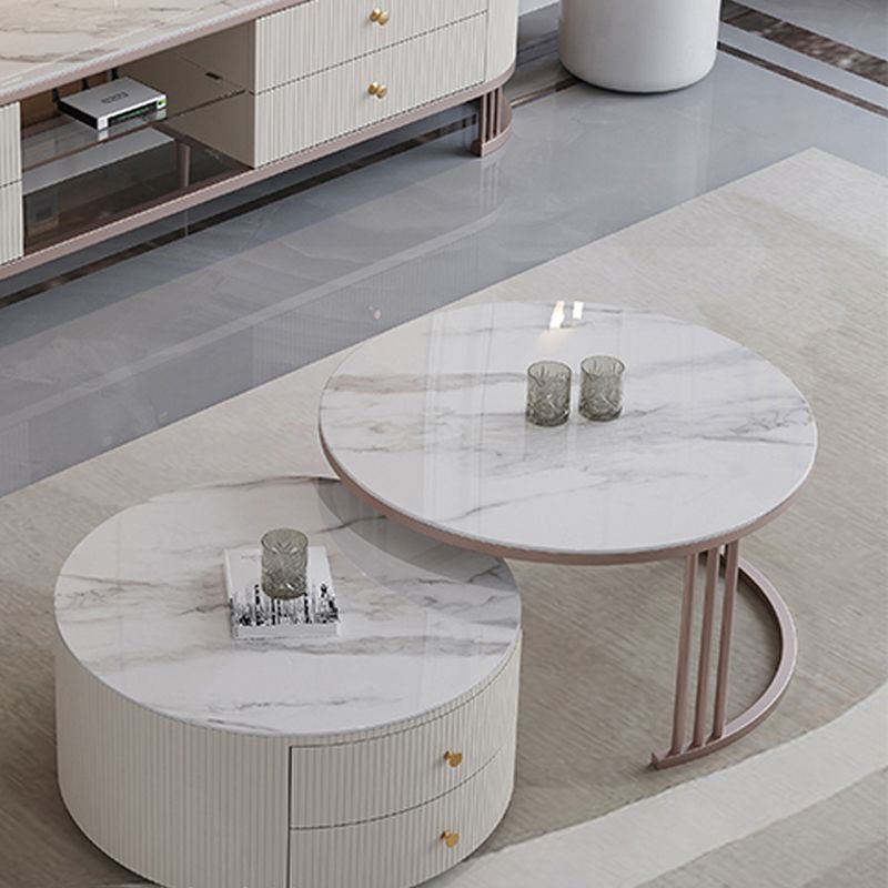 Glam Nesting Coffee Table Set Drum Round Slate Coffee Table with Drawers