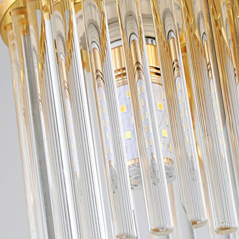 Cylinder Crystal Rod Ceiling Light Fixture Postmodern 5/10/12 Heads Brass Semi Flush Mount Lamp