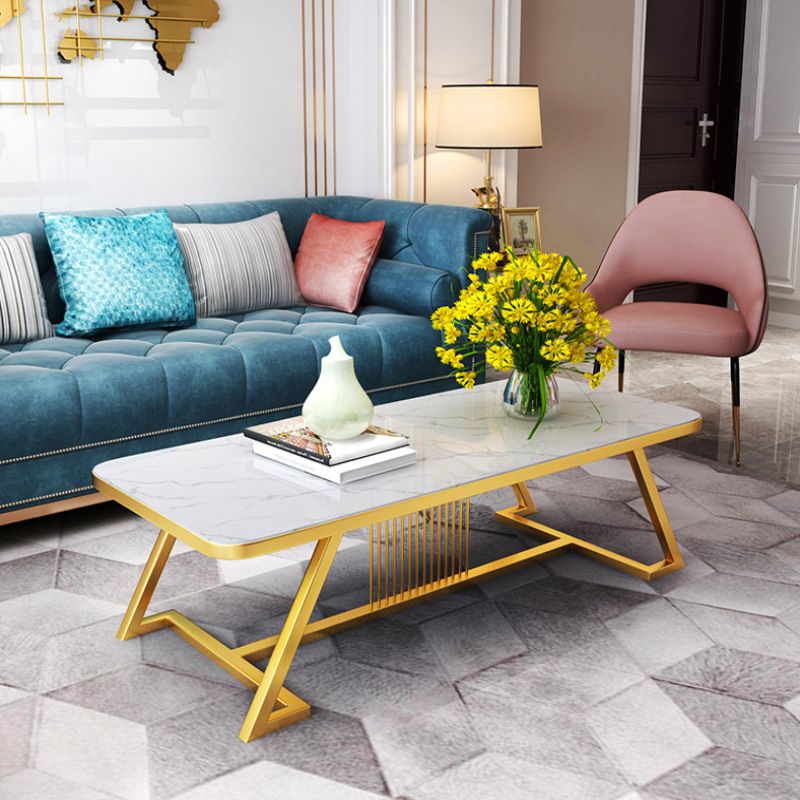 Stone Top Cocktail Table Glam Trestle Iron Base Coffee Table