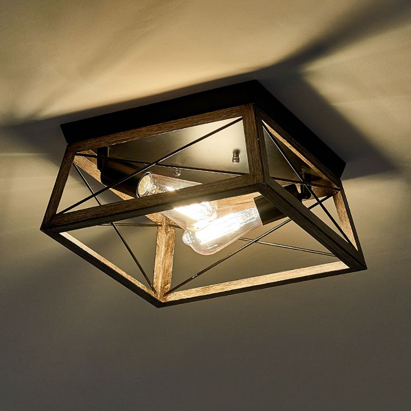 Metal Square Flush Mount Light Industrial 2 Lights Flush Mount Ceiling Fixture in Black