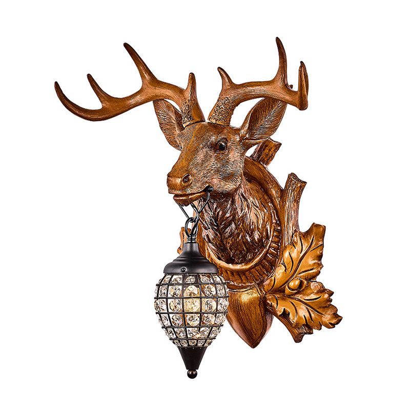 Brown Single Light Wall Sconce Classic Resin Deer Head Wall Lighting Fixture with Teardrop Clear Faceted Crystal Shade
