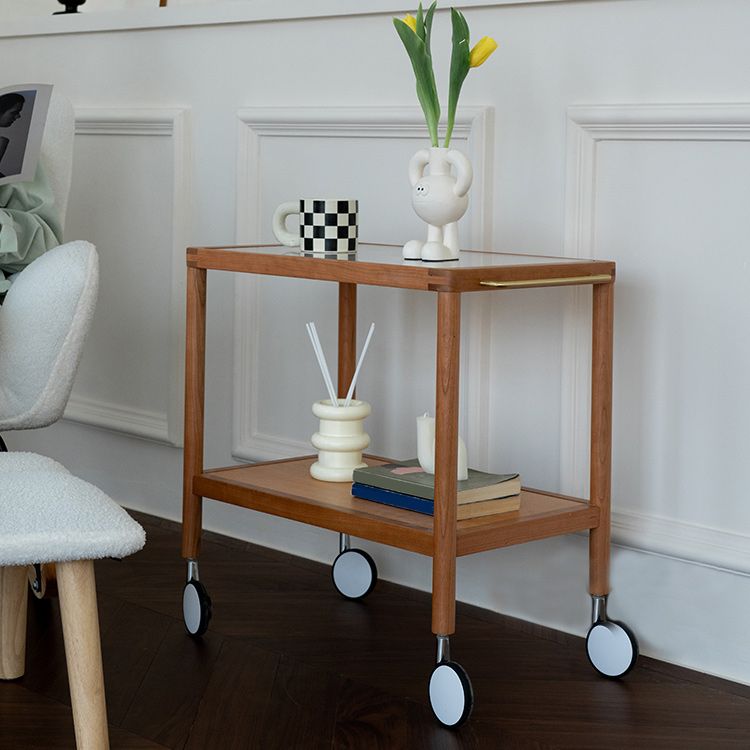25.2" Wide Rectangular Glass End Slide Table Brown Cherry Side Table with Storage