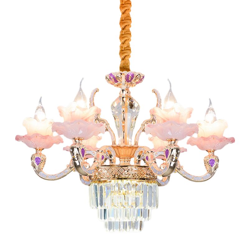 6 Lights 2-Layer Ruffle Chandelier Contemporary Pink Glass Pendant Lamp with Tiered Crystal Bottom