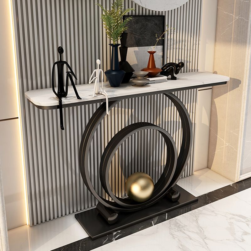 Glam Style Rectangle Top Accent Table with Stone Top and Irone Base for Hall