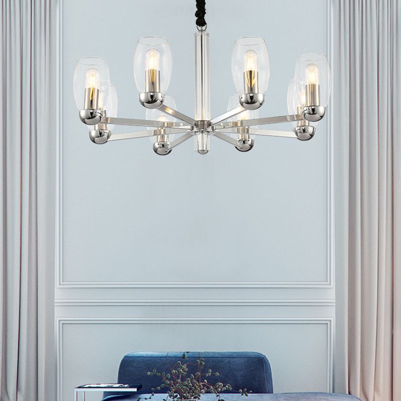 Lampadario a candela in vetro trasparente modernismo 6 teste a sospensione cromata con catena regolabile