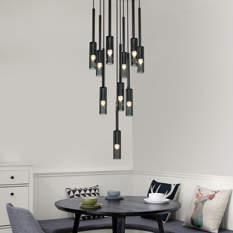 Luce a sospensione grigio in cristallo in moderna lampada a sospensione cilindrica di rame per sala da pranzo