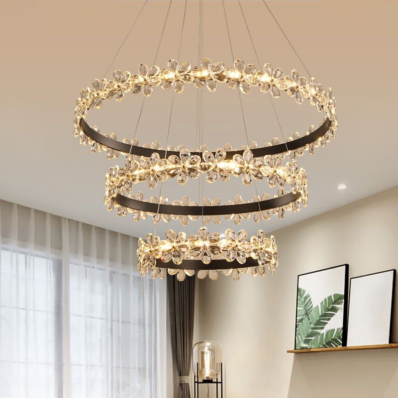Ultra-modern Circle Hanging Chandelier Clear Crystal Hanging Lamp with Flower Decoration for Restaurant