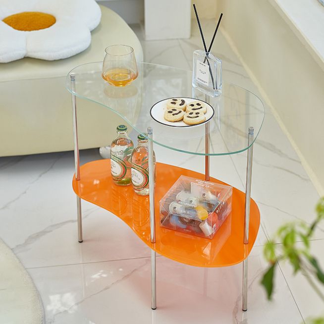Modern Glass Top 4 Legs Double Tier Naturally Shaped Accent Side Table