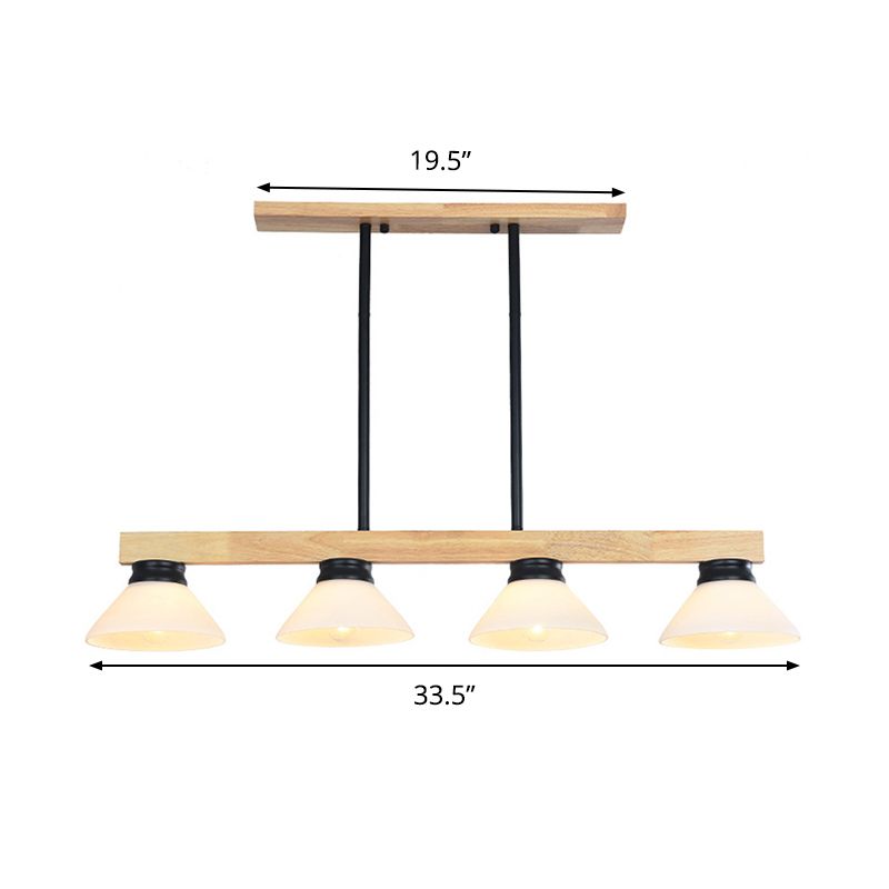 Nordic Linear Wood Hanging Light 4 Heads Island Ceiling Light in Gold/Black Finish with Cone Opal Glass Shade