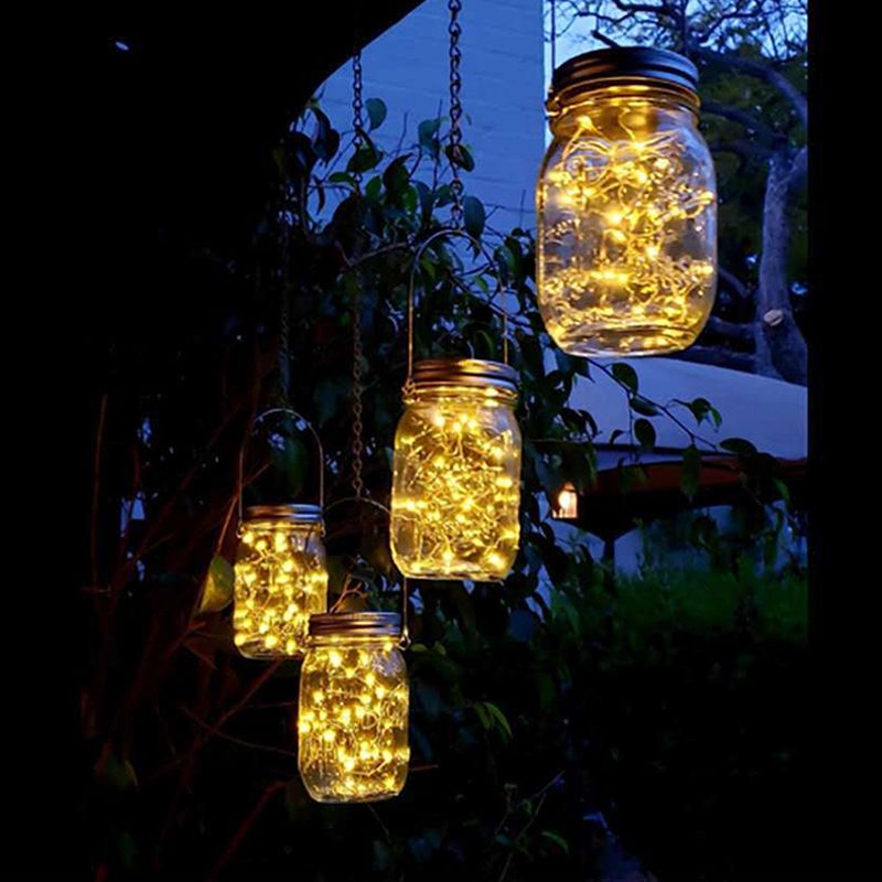 Mason Jar Shape Garden Solar Suspension Lighting Clear Crackle Glass LED Pendant Light