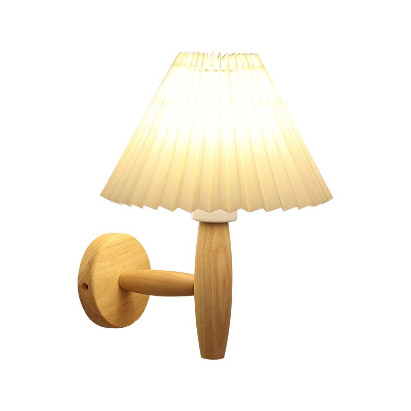 Flared Wall Mounted Light Fixture Simple Wood Bedroom Wall Sconce with Fabric Shade