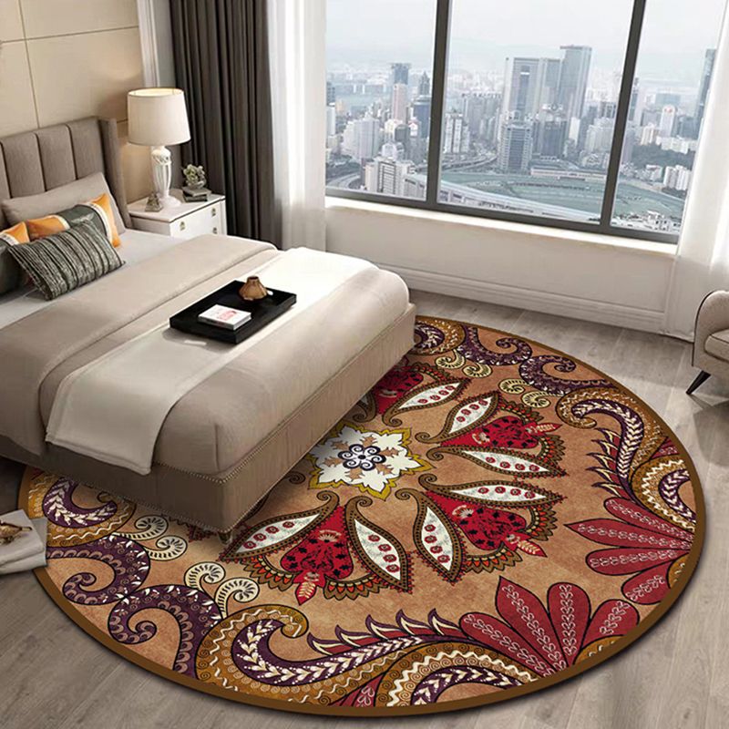 Round Paisley Print Carpet Antique Area Rug Polyester Non-Slip Backing Rug for Living Room