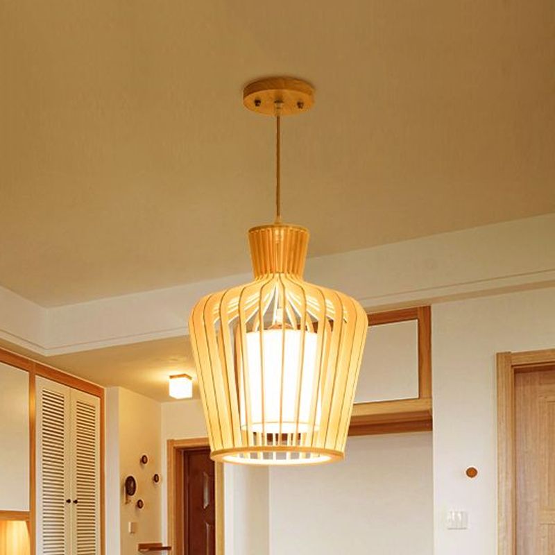 Modernismo urna/calabaza iluminación colgante de madera 1 lámpara colgante de bombilla en beige para comedor