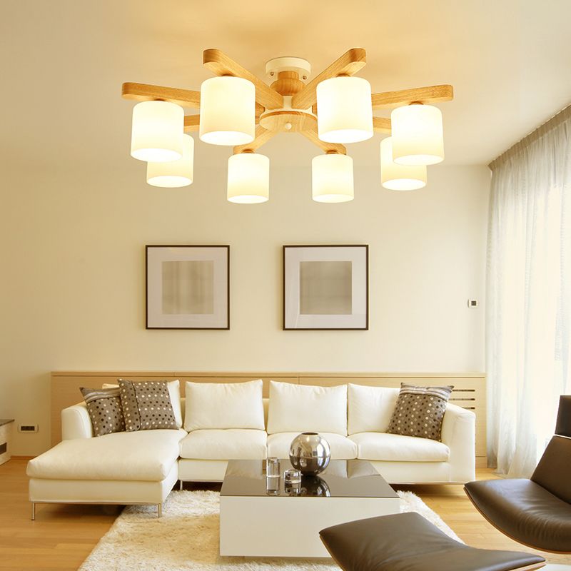Cylinder Semi Flush Japanese Cream Glass Living Room Ceiling Mount Chandelier in Wood