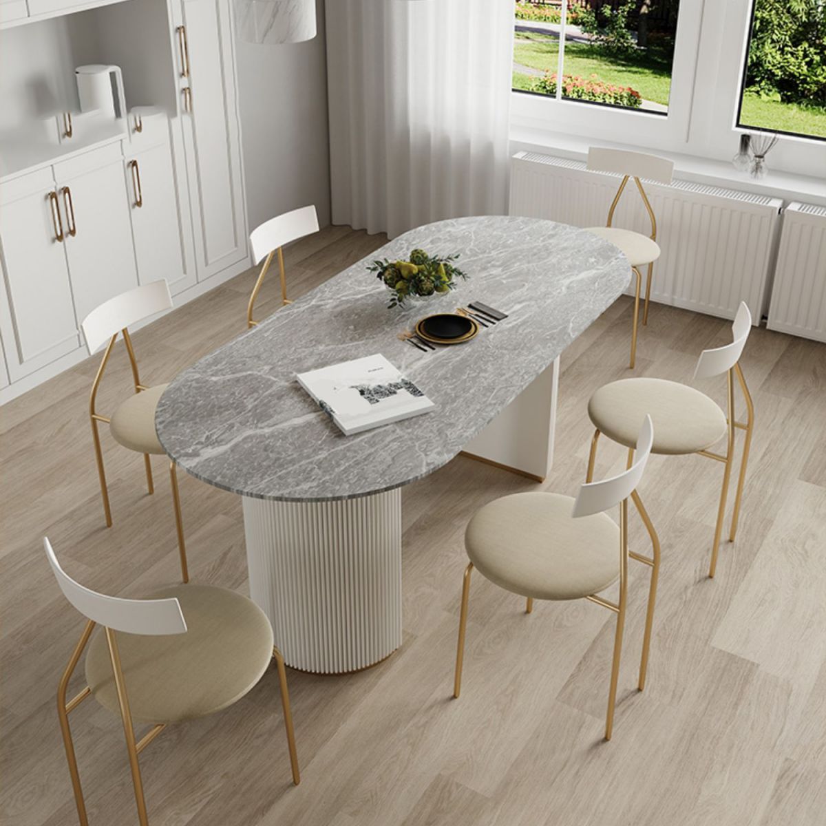 Table à manger ovale en pierre avec base blanche moderne pour salon