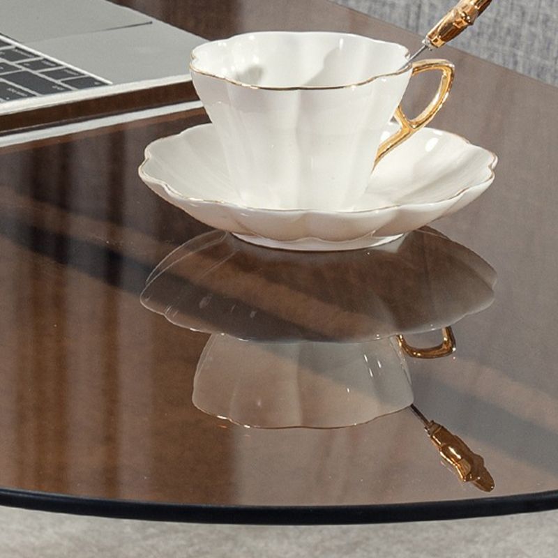 Contemporary Oval Glass Top Coffee Table with 3 Wooden Legs Cocktail Table