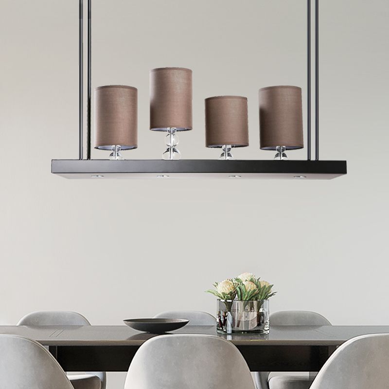 Black Cylinder Island Light Fixture Traditional Fabric 4-Bulb Dining Room Hanging Pendant with Metal Linear Shelf
