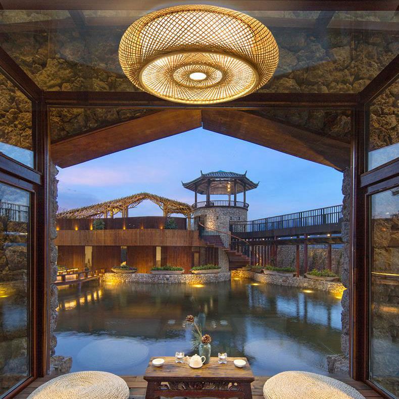 Soporte de techo de ratán de estilo de Asia de montaje de tambor curvo en madera natural