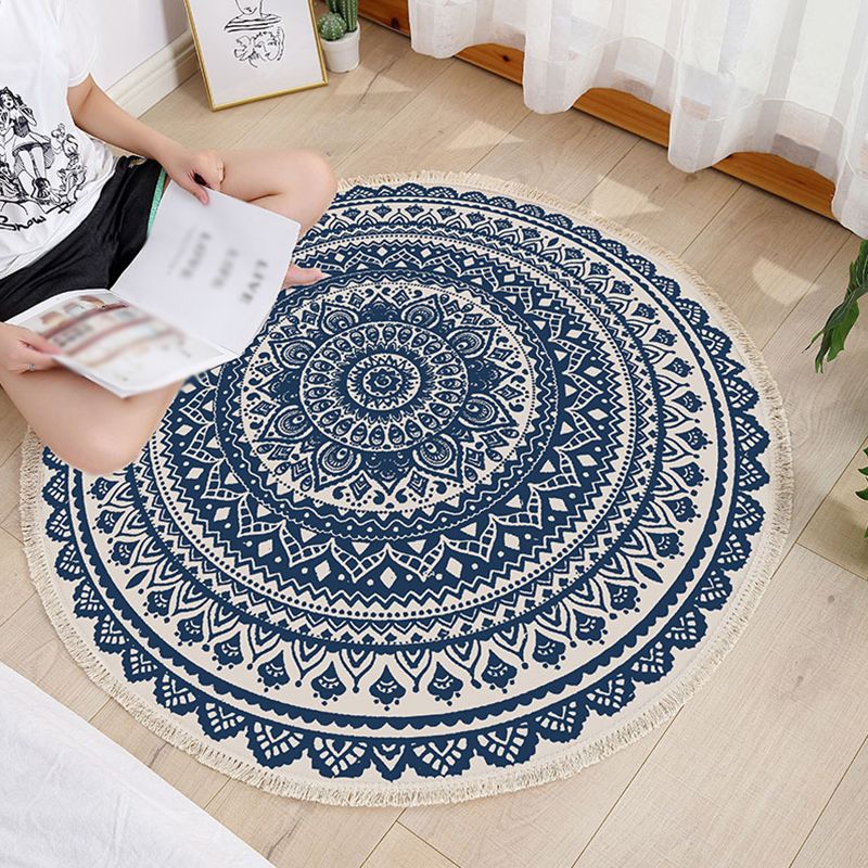 Round Tribal Print Carpet Cotton Persian Indoor Rug Non-Slip Backing Area Rug for Living Room