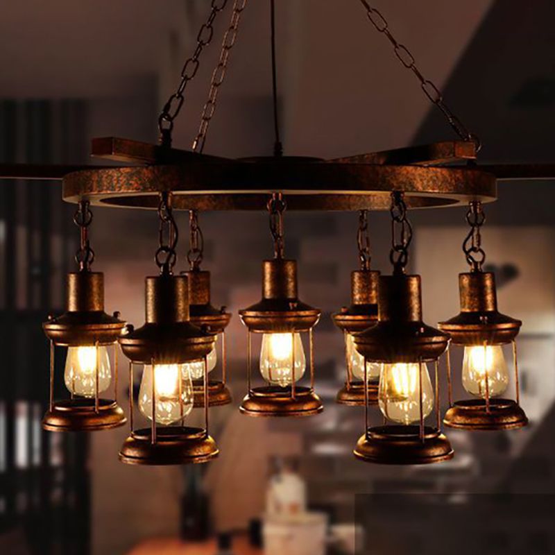 Kerosene Clear Glass Light Chandelier Vintage Style 3/7-Light Dining Room Pendant Lighting in Bronze