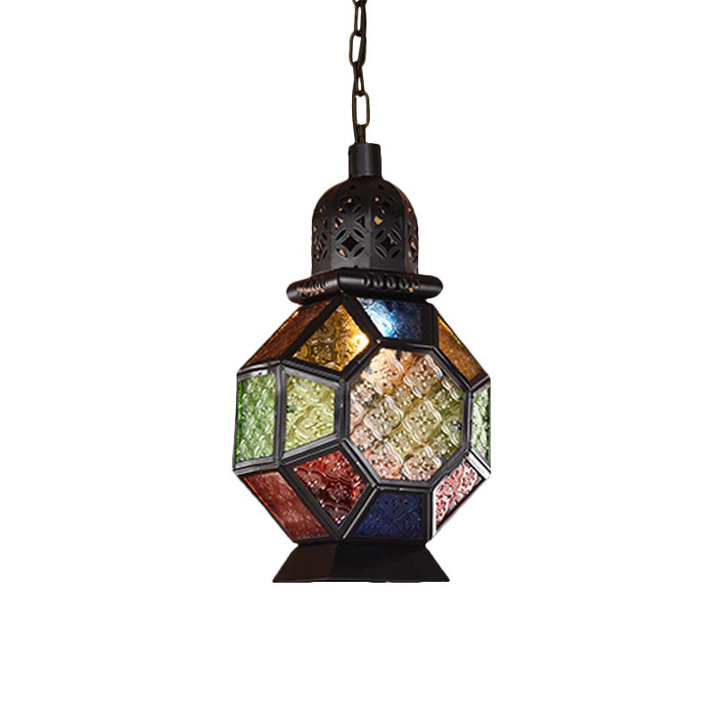 1 Light Pendant Light Fixture Decorative Restaurant Ceiling Lamp with Lantern Cut Glass Shade in Black/Bronze