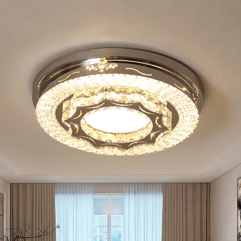 Rectangle-Cut Crystal Round Flushmount Modernist LED Chrome Close to Ceiling Lamp in Warm/White Light