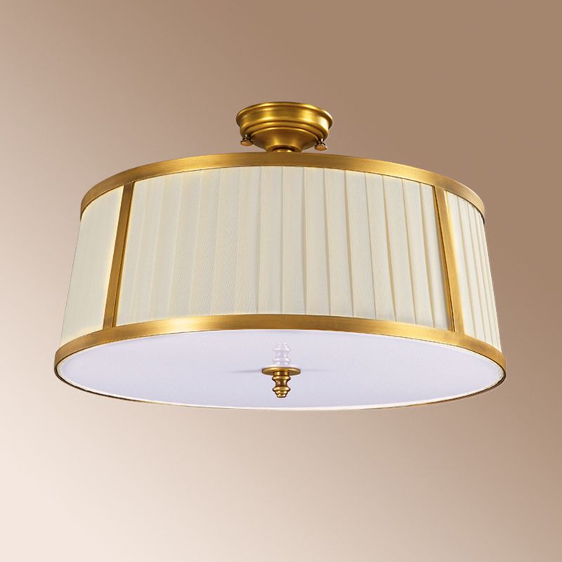 4 Lights Ceiling Light Flush Mount Vintage Drum Fabric Flush Mount Light in Polished Brass
