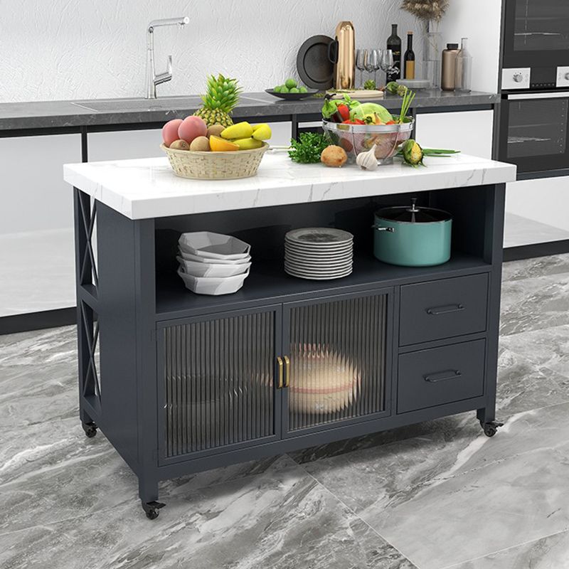 Modern White Faux Marble Kitchen Trolley with Storage Cabinet