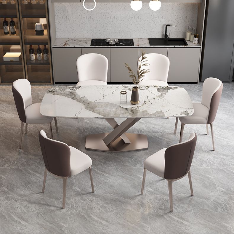 Minimalist Style Sintered Stone Dining Table with White Fixed Table and Trestle Base for Home Use