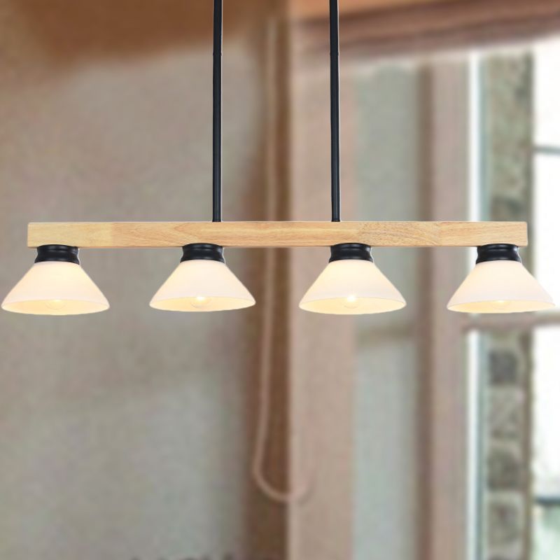 Nordic Linear Wood Hanging Light 4 Heads Island Ceiling Light in Gold/Black Finish with Cone Opal Glass Shade
